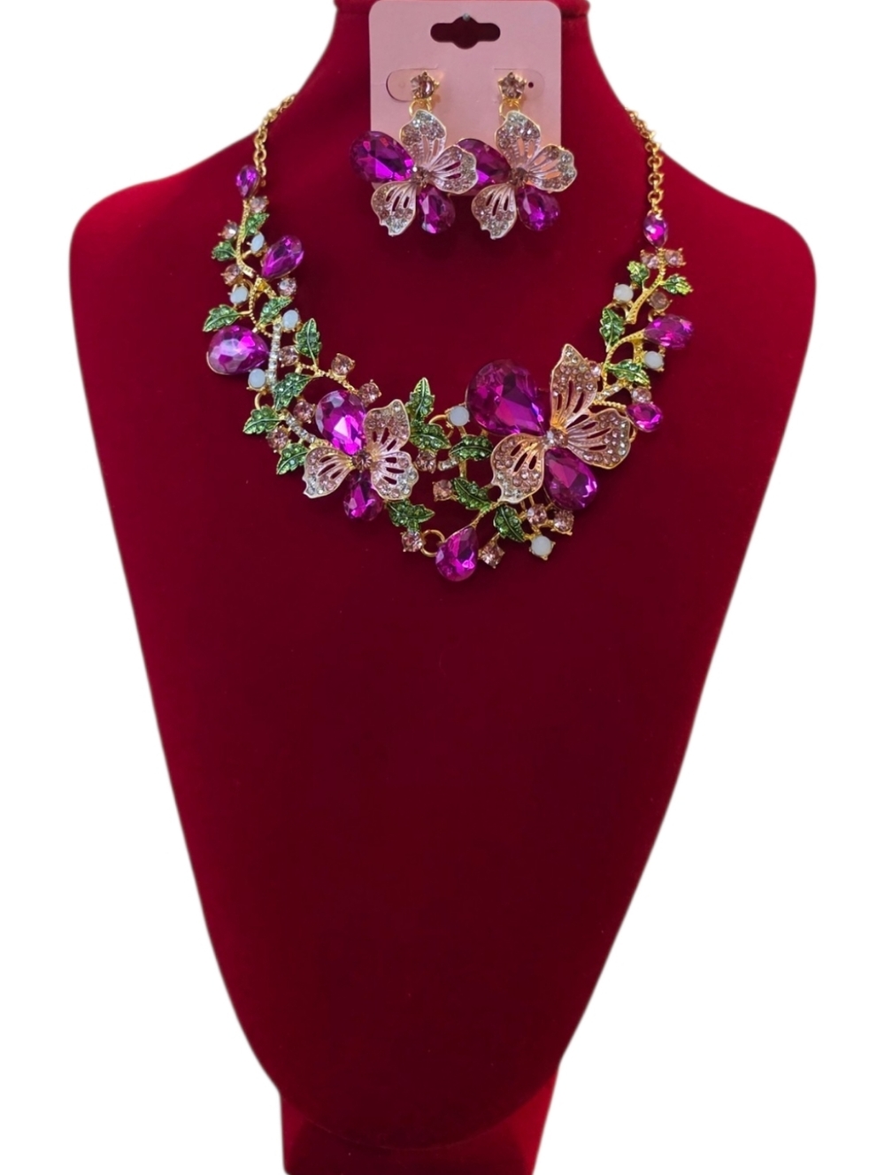 Floral Statement Bold Pink Green Bib Necklace And Earring Set